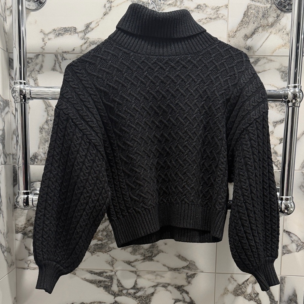 Truth By Republic Cropped Cable Knit Turtle Neck Sweater in Dark Gray